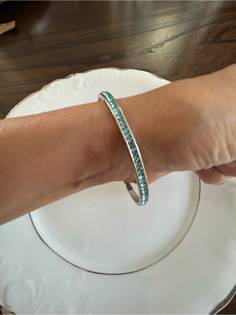 Silver Bangle Bracelet with Teal Crystals - Women's Jewelry
